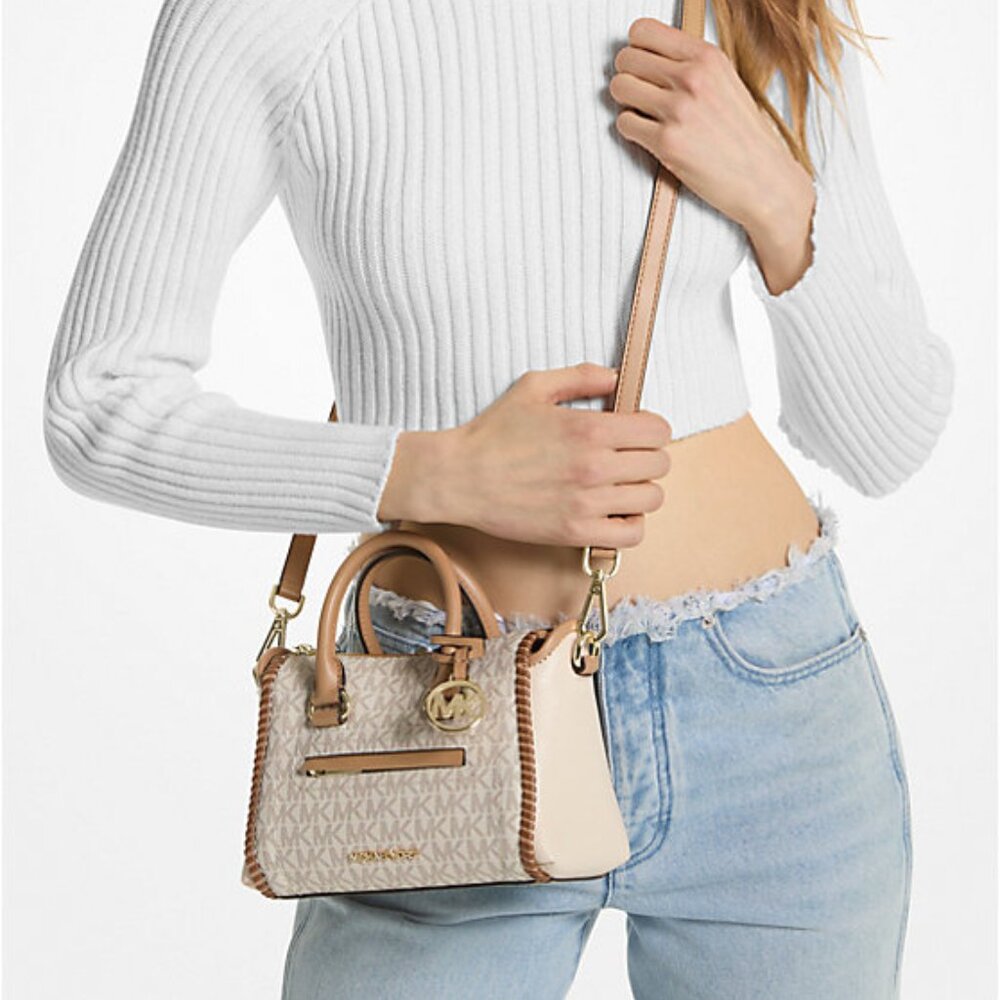 $98 Michael Michael Kors Lt Cream/Sag Multi Ex-Small Signature Logo Satchel